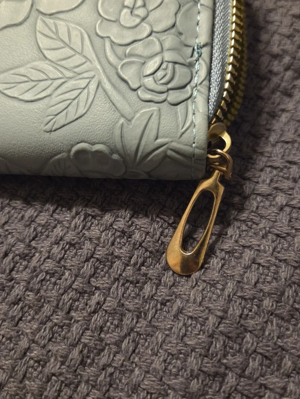 Light Blue Floral Embossed Vegan Leather Zip Around Long Wallet Organizer